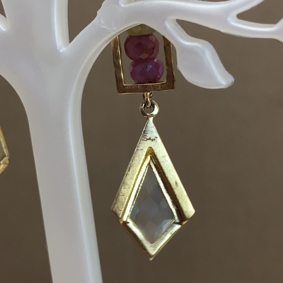 SATYA Sterling Silver Vermeil Gold Tone Agate Dangle Drop Hook Pierced Earrings - Picture 6 of 11